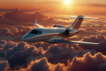 Private jet flying clouds golden.