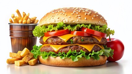 Juicy Burger Set Meal: Delicious Hyperrealistic Food Photography PNG