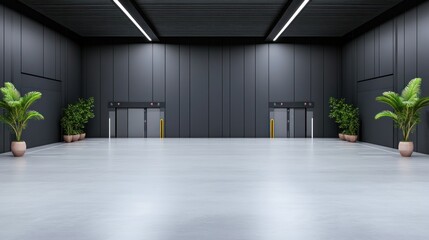 Obraz premium Modern elevator lobby with plants and minimalist design.