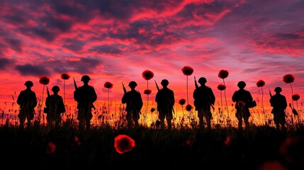 Fototapeta premium Silhouettes of soldiers in the field with poppies against a sunset sky background during battles for World War I. 