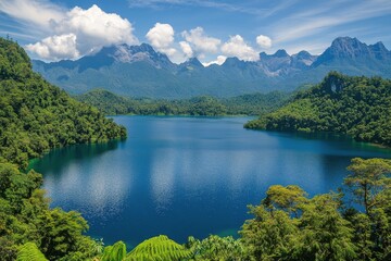 Fototapeta premium Majestic mountain landscape with serene river under blue sky and fluffy clouds