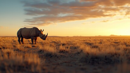 Obraz premium Rhino grazing at sunset african savanna wildlife photography natural environment wide angle conservation awareness