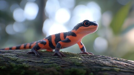 Vibrant orange and black gecko climbing on tree rainforest habitat wildlife photography natural environment close-up perspective