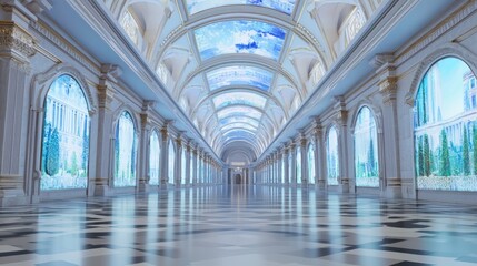 Illuminated Vaulted Gallery in Government Complex with AI Evolution Digital Murals | AI-Driven Governance Cinematic Image