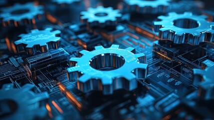 Gears icon on a digital display, representing business workflow and automation, symbolizing the integration of efficient processes and technology to drive organizational success.