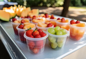 Fresh and Colorful Assortment of Sliced Fruits in Clear Containers at an Outdoor Event, Ideal for Healthy Snacks and Refreshing Treats in Summer Gatherings