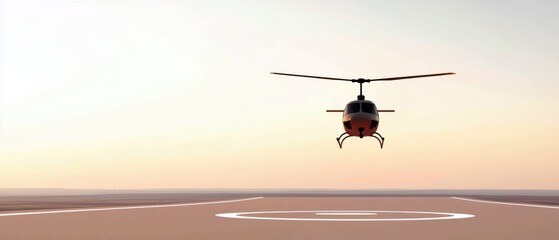 Obraz premium life-saving concept. Helicopter taking off at sunset from a helipad in a serene landscape.