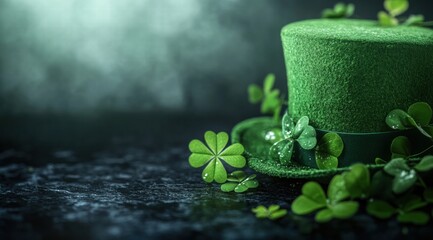 St. Patrick's Day background with a green hat and clover leaves on a dark studio backdrop