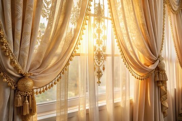 Cream Curtains, Gold Accents, Soft Morning Light, Cozy Room, Interior Design Stock Photo