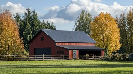 A modern barn with a metal roof in a rural setting.