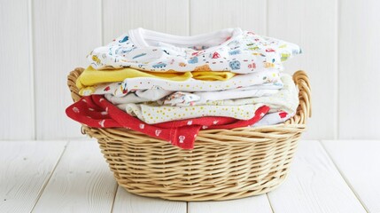 A stack of freshly washed baby clothes in a laundry basket.