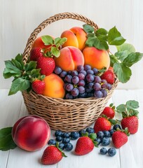 Fresh and Colorful Fruit Basket with Peaches, Grapes, Strawberries, Blueberries, and Green Leaves on White Wooden Background for Healthy Lifestyle and Culinary Inspiration