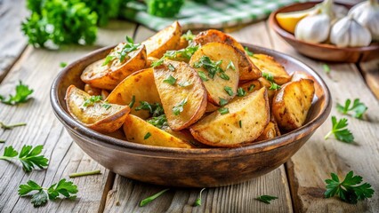 Crispy Baked Potato Wedges with Fresh Herbs - Rustic White Background Stock Photo