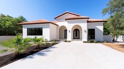 Modern house with a tiled roof and landscaped front yard.