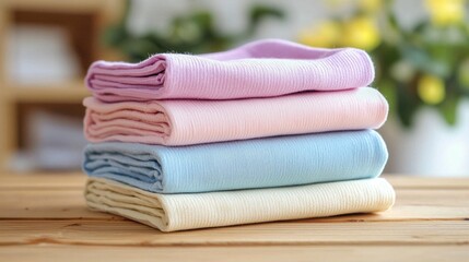 A folded stack of pastel baby clothes on a wooden table.