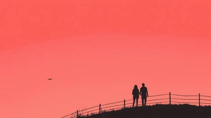 Fototapeta premium A back view of a loving couple standing outdoors on spacious field against a red sky, with copy space.
