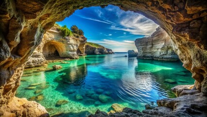 Obraz premium Crystal Clear Turquoise Cave Water, Sicily's Syracuse Coast, Fontane Bianche Beach