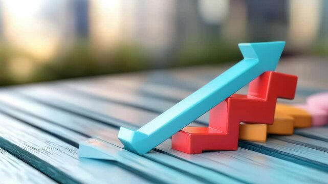 Colorful growth arrow and stair graph on a wooden surface indicating positive business trends and progress.