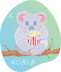 Cute cartoon koala sleeping on the tree. Australian beard, Cartoon koala on a tree vector illustration. Koala with popcorn. alphabet for children.English alphabet. gray koala. 
