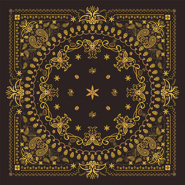 Coffee Bandanna Print, paisley seamless pattern. coffee, coffee beans, flowers, decorative geometric line ornament. Bandana pattern template. Silk neck scarf or kerchief square pattern design.