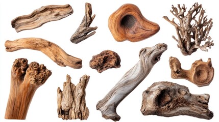 Fototapeta premium A collection of various pieces of driftwood and natural wood forms for decorative use.