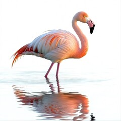 Fototapeta premium A graceful flamingo wading in shallow water, reflecting its vibrant colors.