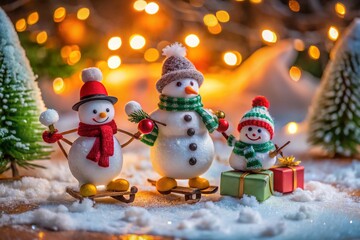 Obraz premium Cute Snowman Christmas Set: Tilt-Shift Miniature Winter Wonderland with Gifts, Garland & Festive Fun