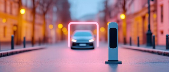 Fototapeta premium Electric Vehicle Charger Market concept. Car approaching a futuristic sensor on a city street at dusk.