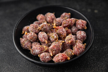 small smoked sausages appetizer mini salami sausage kabanosy fast food fresh tasty food dish delicious gourmet food background on the table rustic food top view copy space
