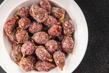 small smoked sausages appetizer mini salami sausage kabanosy fast food fresh tasty food dish delicious gourmet food background on the table rustic food top view copy space