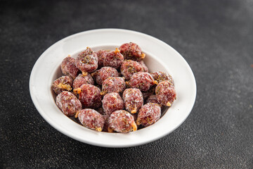 small smoked sausages appetizer mini salami sausage kabanosy fast food fresh tasty food dish delicious gourmet food background on the table rustic food top view copy space
