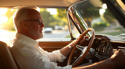 Naklejka premium Confident Mature Man in Luxurious Sedan During Bright Morning