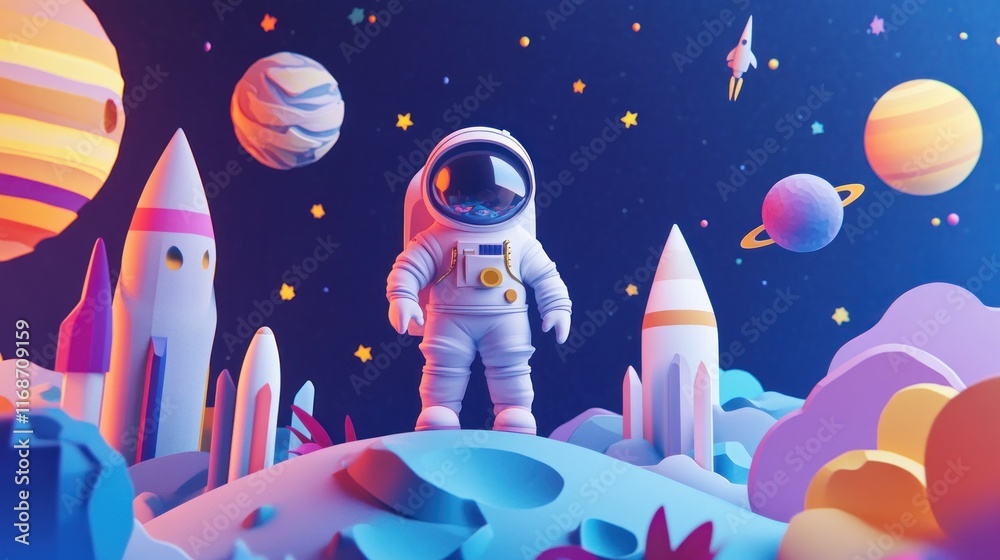 Poster A colorful 3D scene of an astronaut surrounded by planets and rockets in space.