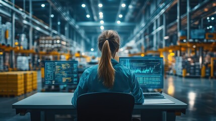 A professional female logistics coordinator tracking shipments using AI-powered software, seated at a desk in a bustling industrial warehouse