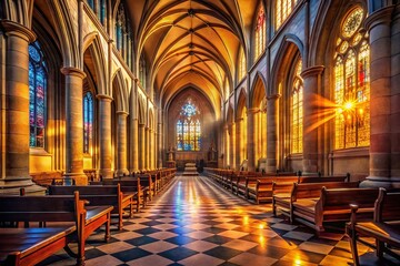 Fototapeta premium Dark Cathedral Interior: Dramatic Architectural Photography of somber Easter celebration