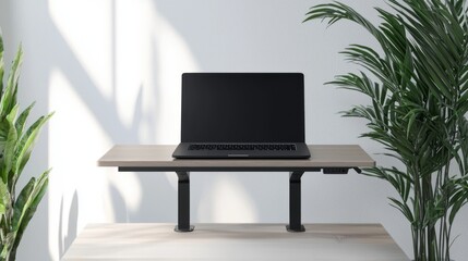 Fototapeta premium Transformative Workstation: Foldable Standing Desk Converter with Laptop on Wooden Table - Cinematic, Ultra-Detailed Ergonomic Concept Image