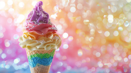 Colorful rainbow ice cream cone surrounded by frosty ice and glowing pink pastel background