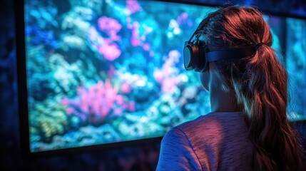 Woman using VR headset exploring a vibrant coral reef.