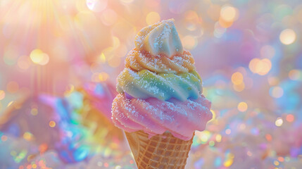 Colorful rainbow ice cream cone surrounded by frosty ice and glowing pink pastel background