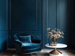 Teal Room Interior With Velvet Chair And Marble Table