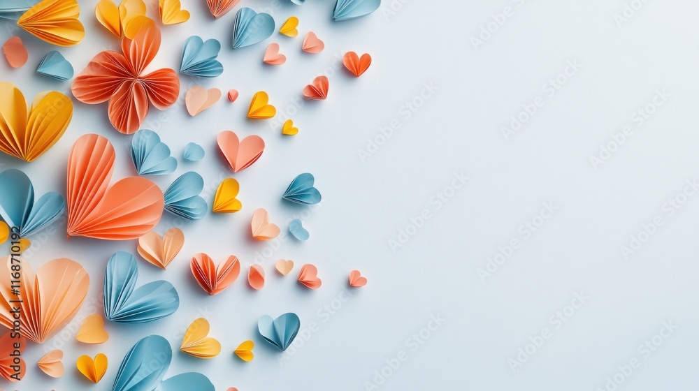 Poster a colorful arrangement of paper hearts in various sizes and colors on a light background.
