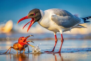 Laughing Gull Stealing Crab from White Ibis, Galveston, Texas