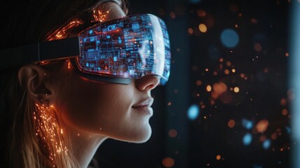 Woman using VR headset with digital interface.