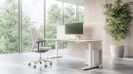 Streamlined Open-Concept Home Office with Glare-Free View from Large Window - Ultra-Detailed Ergonomic Setup
