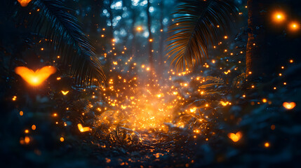 A magical photography capturing fireflies glowing in a tropical jungle at night, with tall palm trees framing the starry sky above.