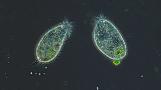 Two paramecium interacting with each other, enlarged protozoa under a microscope.