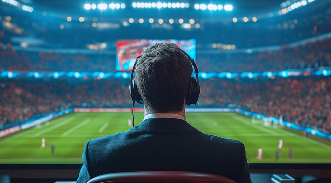 Sport commentator having online broadcast of football match isolated over sport stadium background.