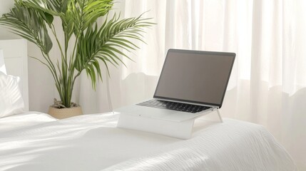 Fototapeta premium Modern Laptop Riser Enhancing Ergonomics in Minimalist Bedroom Workspace.