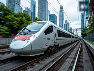 Fototapeta premium High Speed Train Traveling Through Modern Cityscape Urban Rail Transport
