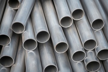 Close-up Detailed View of Stacked Galvanized Steel Pipes, Industrial Metal Construction Material Texture